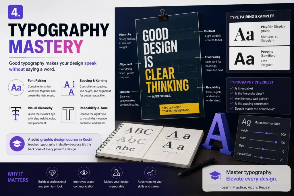 Typography mastery training in Graphic Design Course in Kochi with font pairing and visual hierarchy