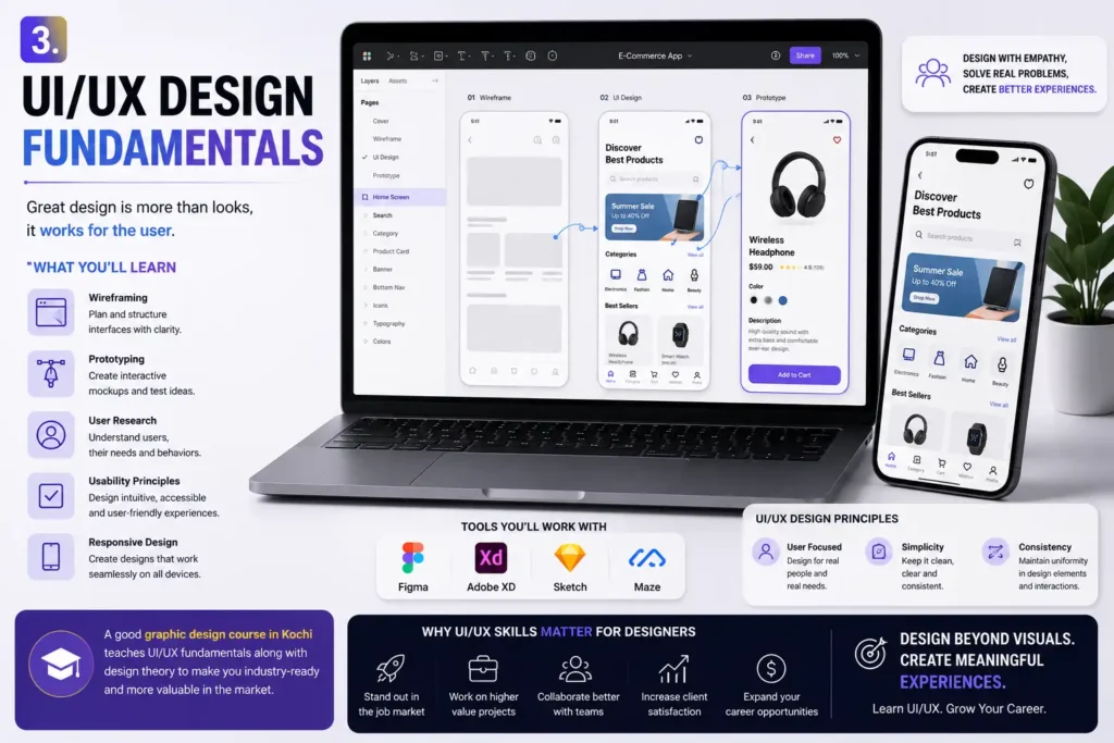 Graphic Design Course in Kochi covering UI UX design fundamentals, wireframes, and mobile app interfaces